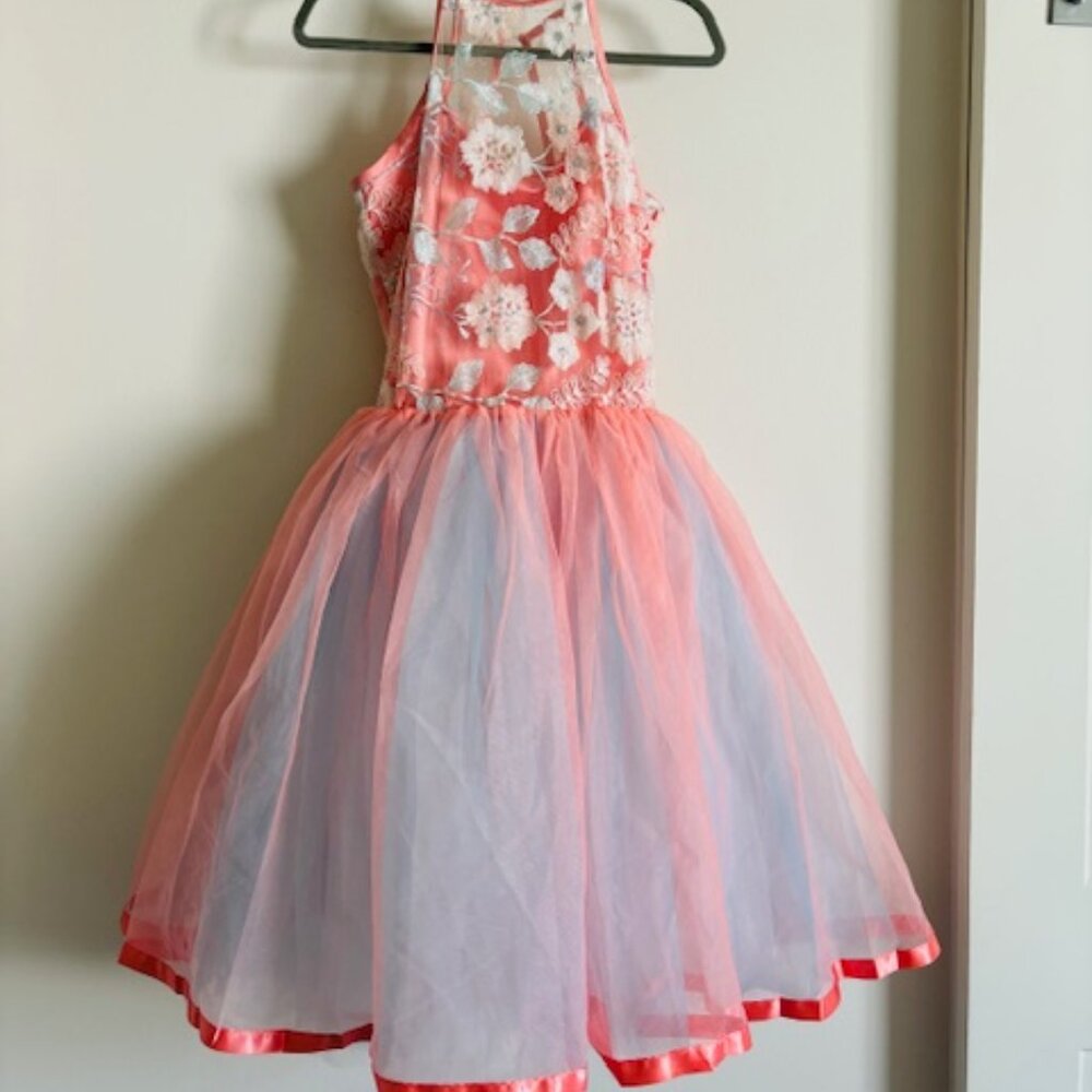 Girls Coral Pink Floral Tulle Dance Costume Dress